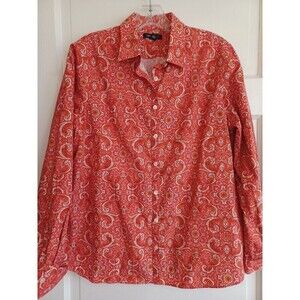 Lands End paisley blouse womens 12 orange cotton buttonup shirt classic preppy
